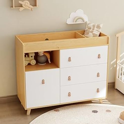 Baby Dresser with Changing Table Top, 4 Drawers Nursery Dresser with Removable Guard, Infant Diaper Changing Station Baby Cloth Organizer for Nursery and Kids Bedroom, Wood Color - 44.9" W