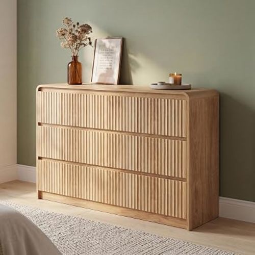 Seang 6 Drawer Dresser for Bedroom,47" Wide Wooden Dresser Chest of Drawers,Curved Anti-Collision & Anti-Tipping Design, Mid Century Modern Dresser for Bedroom, Living Room, TV Stand,Natural Oak.