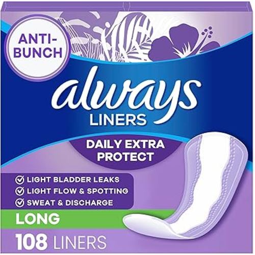 Always Daily Extra Protect Liners, Long Length, Unscented Panty Liners, 108 Count