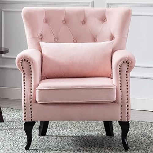 Mid Century Modern Accent Chair Upholstered Armchair Comfy Velvet Fabric Single Sofa with Tufted Wingback for Small Spaces Bedroom Living Room, Pink