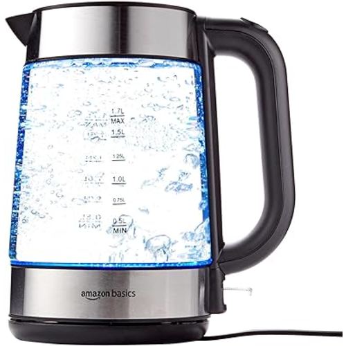 Amazon Basics Electric Glass and Steel Hot Tea Water Kettle, 1.7-Liter, Black and Sliver