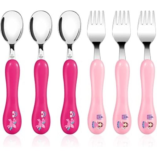 Lehoo Castle Toddler Fork and Spoon, 6pcs Kids Utensils, Safe Stainless Steel Toddler Silverware Set, Children Flatware Set, Incudes 3 Spoons and 3 Forks (Pink)