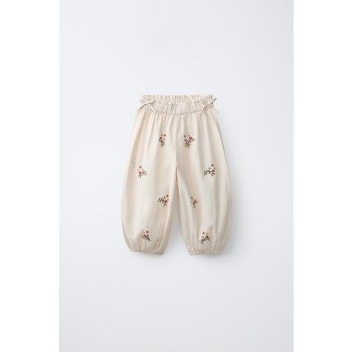 COTTON LINEN BLEND CROSS STITCH EMBROIDERED PANTS - Sand | ZARA United States