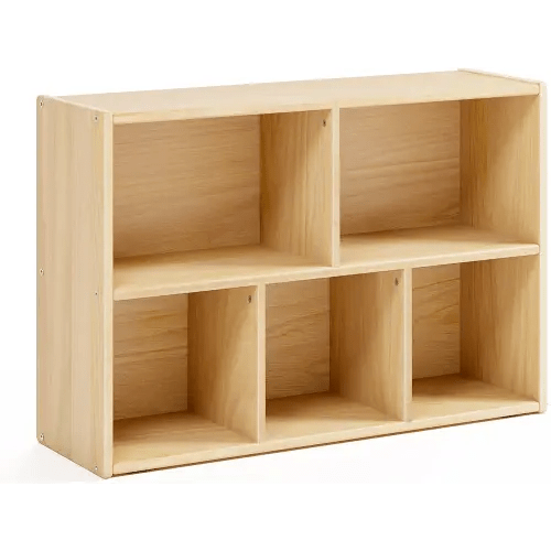 2-Tier Montessori Solid Wood Shelves Toy Organizers and Storage,5-Compartment Storage Cabinet with 4 Wheels,for Toddler Kids Room,Playroom,Classroom,Nursery,Kindergarten