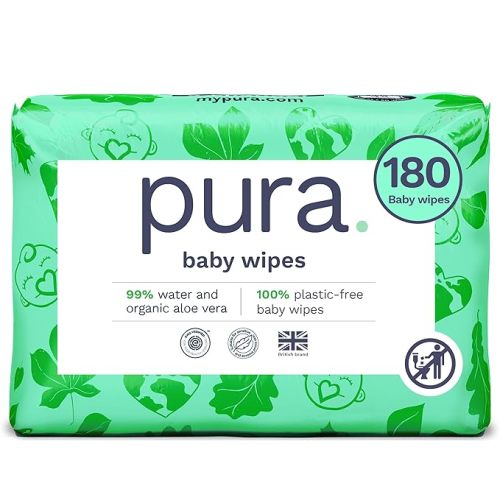Pura Natural Sensitive Baby Wipes, 99% Water, Unscented & Hypoallergenic, Suitable for Sensitive & Eczema-prone Skin, Fragrance Free & Hypoallergenic, EWG Verified, 3 x 60 per pack (180 Wipes)