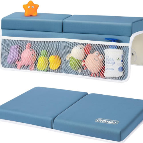 URMYWO Bath Kneeler and Elbow Rest Pad Set - 1.5" Thick Baby Bath Kneeler Pads with Toys Organizer, Anti-Slip Cozy Knee & Arm Support Bathtub Mat, Quick Dry Kneeling Pad for Baby Bath Time