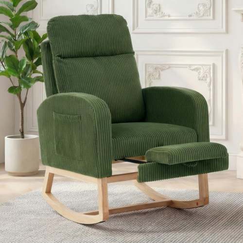 Garvee Nursing Rocking Chair with Footrest Upholstered Glider High Backrest Solid Wood Frame Green Nursery Living Room