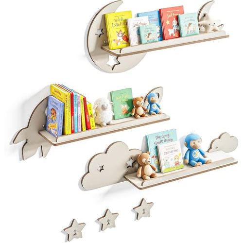 SYNOVA Nursery Book Shelves, Set of 3 Floating Shelves for Kids Room, Nursery Decor for Baby Room, Toddler Room Organizer, Kids and Baby Furniture, Playroom Decor
