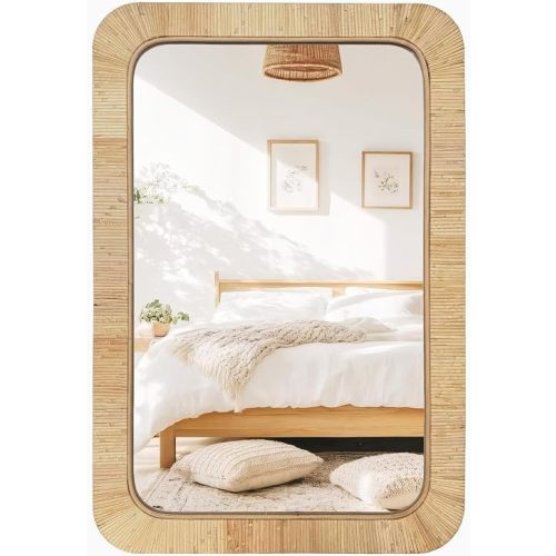 Rattan Rectangular Mirror 24x36, Boho Decorative Wall Mirror for Bathroom, Farmhouse Vanity Mirror for Nursery, Bedroom, Living Room Decor, Nursery & Children's Room