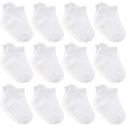 12 Pairs Non-Slip Toddler Socks With Grips for Baby Boys and Girls - Anti-Slip Ankle Socks for Infant's and Kids - White