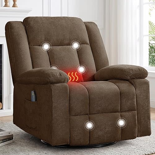 Korser Rocker Recliner Chair for Adults, 360° Swivel Rocker Recliner with Massage and Heating, Nursery Rocking Chairs with Side Pockets, Manual Reclining Chair for Living Room, Bedroom or Nursery