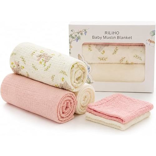5 Pack Muslin Swaddle Blankets & Baby Burp Cloths, Soft & Breathable Cotton Baby Blankets, Receiving Blankets for Newborn Girl, Nursery Infant Essentials, Swaddling Wrap for Unisex (Pink & White)