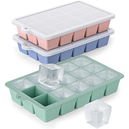 Silicone Ice Cube Tray 3 Pack - EASY RELEASE ice cube tray with lid, BPA Free Ice Cubes Trays for Freezer,ice cube mold for Cocktail,Whiskey (Mint+Pink+Blue)