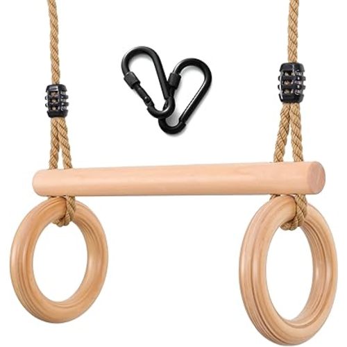 YAERSI Children's Trapeze Swing Bar with Wooden Gym Rings,Trapeze Bar for Swing Set