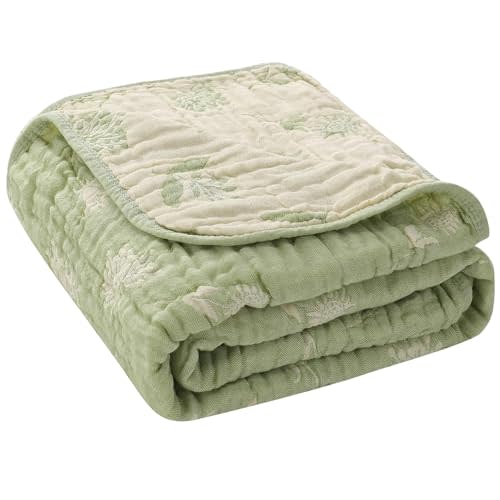 Ultra Soft Muslin Baby Blanket - Made with Organic Cotton, Earthy Botanicals Jacquard Swaddle & Crib Quilt, 43x43 (Sage Green Floral)