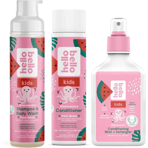 Hello Bello Kids Conditioning Mist & Detangler, Watermelon - 6.7oz + Shampoo & Body Wash, 10 FL Oz + Conditioner, 10 Fl Oz - Hypoallergenic, pH-Balanced & Dermatologist-Tested,