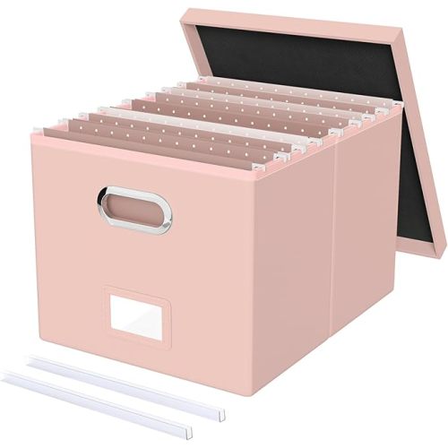 File Organizer Box with Lid, Portable Hanging File Box for Letter/Legal Files, Office/Decor/Home, Cream-pink (Leather), 1 Pack