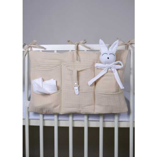 Beige Muslin 6 pocket crib organizer, Wall store for nursery, Baby cot hanging storage for toys, accessories & diapers, bedside diaper caddy