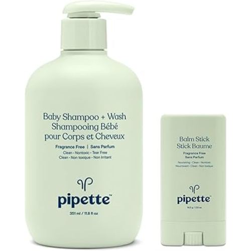 Pipette Fragrance Free Baby Shampoo + Wash and Balm Stick Duo, Clean, Tear-Free Bath Time, Sulfate-Free, Paraben-Free, Sensitive Skin, Moisturizing Diaper Balm for Dry Skin, Hypoallergenic, Non-Toxic