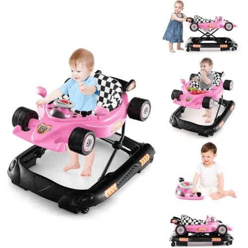 BABY JOY 4-in-1 Baby Walker, Foldable Activity Walker with Adjustable Height, Music & Lights, Anti-Rollover, Toddler Push Walker, Baby Walker with Wheels for Boys Girls 6-14 Months (Pink)