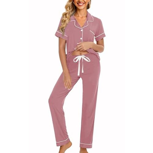 WJing Yi Jia Womens Soft Pajamas Set XS-XXL Button Down Sleepwear Short Sleeves Pajama sets with Long Pants Pj Set Nightwear