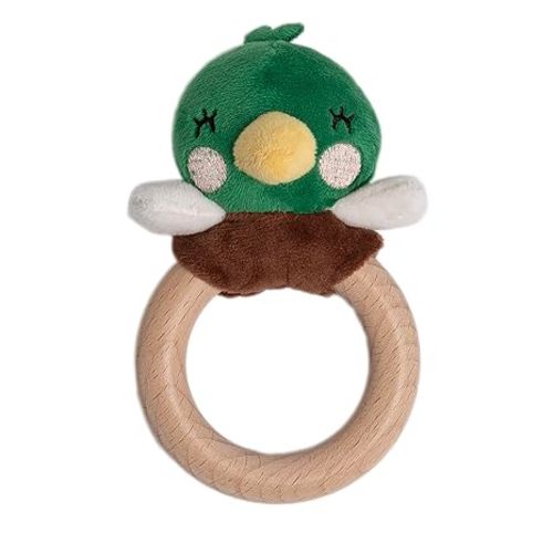 Pearhead Mallard Duck Wooden Teething Ring, Easter Basket Stuffers, Soft Plush Lovey Baby Teether, Natural Wood Infant Rattle Toy for Teething Relief, BPA-Free Newborn Teether Ages 0m+