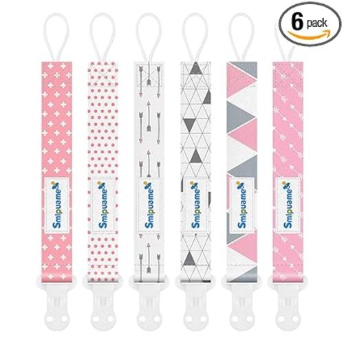 Pacifier Clip Girl,6 Pack Stylish Binky Clips Strap for Baby Girls,Paci Holder with Clip Lightweight Universal Fits Most Pacifiers Teether Toy Teething Ring Soothie,Baby Gifts(Pink & Grey)