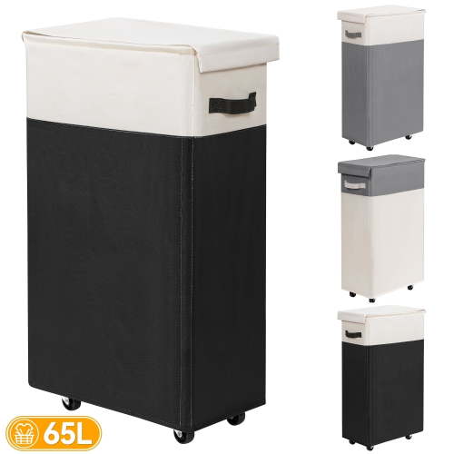 BGTREND 27.6" Tall & Slim Laundry Hamper with Lid 65L Rolling Laundry Hamper with Wheels Narrow Laundry Basket Collapsible Dirty Clothes Hamper (Black & White)