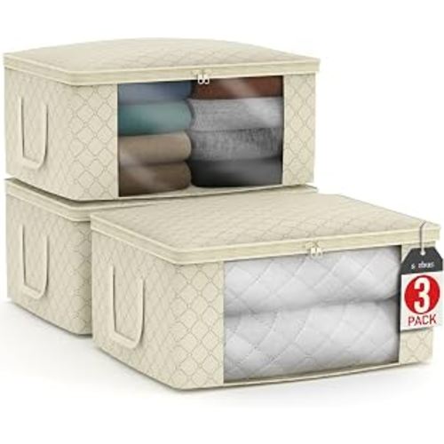 Sorbus Medium Clothes Storage Bags - Foldable Blanket Storage Bins for Organizing Bedroom, Closet, Clothing, Comforter, Organization with Clear Window, Lids and Carry Handles - Set of 3