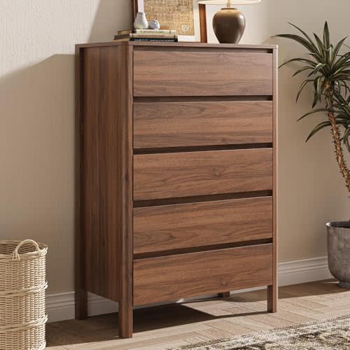 MAISONARIA Walnut 5 Drawer Dresser for Bedroom, Modern Tall Dresser with Hidden Handles, Space-Saving Wooden Drawer Organizer, Living Room, or Hallway, Vertical Storage Chest of Drawers, 45.7" H