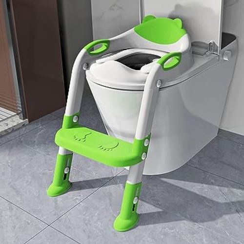 Potty Training Seat with Step Stool Ladder, SKYROKU Potty Training Toilet for Kids Boys Girls Toddlers - Comfortable Safe Potty Seat with Anti-Slip Pads Ladder Green
