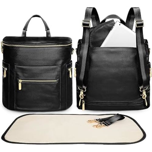 miss fong Diaper Bag Backpack Baby Diaper Bag, Large Leather Diaper Backpack with 16 Pockets Travel Diaper Bag with Diaper Changing Pad, Stroller Straps & 2 Insulated Pockets(Convertible, Black)