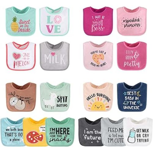 The Peanutshell Terry Bib Set for Girls - 18 Pack for Feeding, Teething, or Drooling - Girl Foods & Hello Sunshine