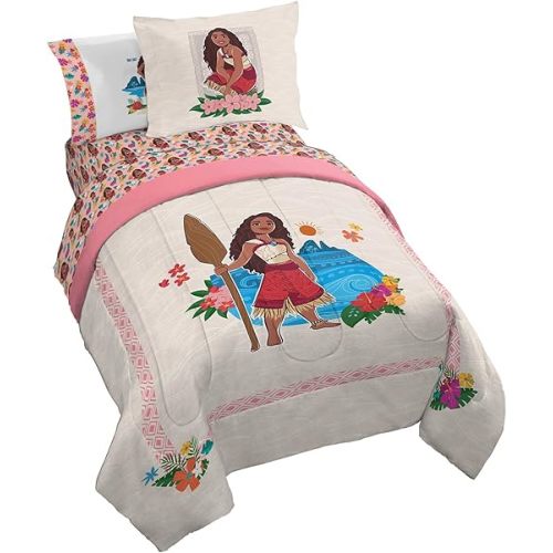 Jay Franco Disney Moana Twin Comforter Set - 5 Piece Bedding Includes Sheet Set & Pillow Covers - Super Soft Floral Cozy Bedding