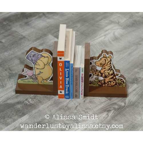 Winnie the Pooh Bookends, Wood Bookends - Custom Created - (classic winnie the pooh, tigger, piglet bookends)