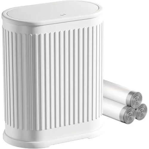 Small White Bathroom Trash Can with Press Top Lid 1.8 Gallon