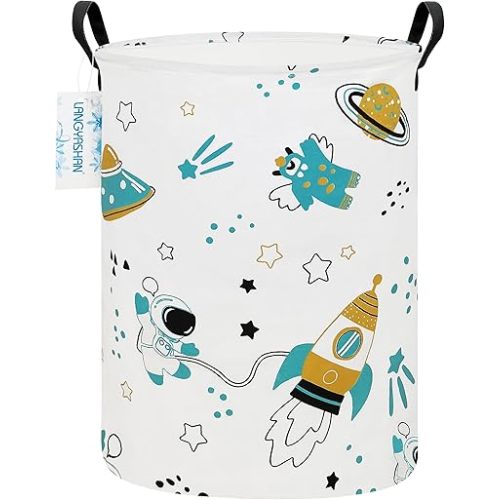 LANGYASHAN Storage Bin, Canvas Fabric Collapsible Organizer Basket for Laundry Hamper,Toy Bins,Gift Baskets, Bedroom, Clothes,Baby Nursery (Round space astronaut)