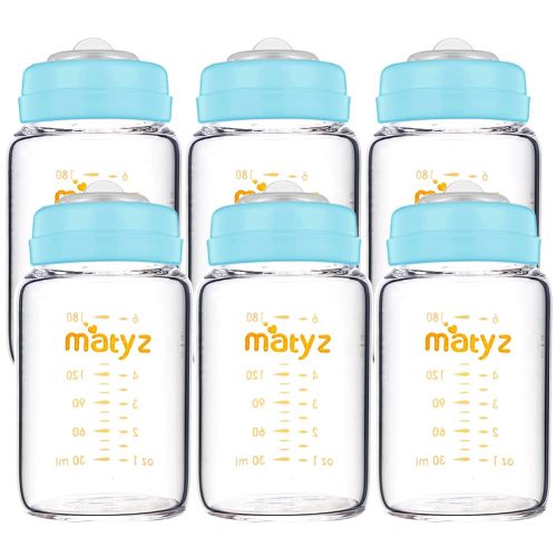 Matyz Glass Breastmilk Storage Bottles, 6 Pack, 6 oz, Compatible with Spectra Medela Breast Pump - Freezer Safe Storage Bottles Set - Wide Mouth Breastmilk Storage Containers - No BPA (Blue Lids)