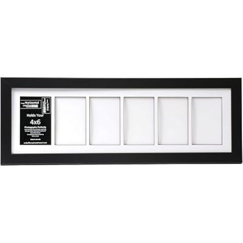 Creative Letter Art 4” x 6” Multiple Opening Picture Frame Collage with 6 holes, Manhattan Black Frame with 8 x 26-inch White Mat, Full-Strength Glass, Photo Collage for Wall, 6 Openings