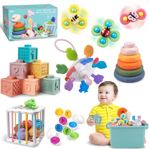 Weilim Baby Toys for 6 to 12 Months, Montessori Sensory Bins & Teething Toys, 6 in 1 Stacking Blocks, Rings, Eggs, Spinner, Crab Shape, 27 Pieces, Ages 6-36 Months