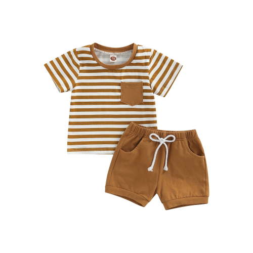Qiylii Baby Toddler Boys Short Clothing Set, 0 6 12 18 24 Months 2T 3T Short Sleeve Stripes T-shirt with Elastic Waist Shorts Summer Outfit