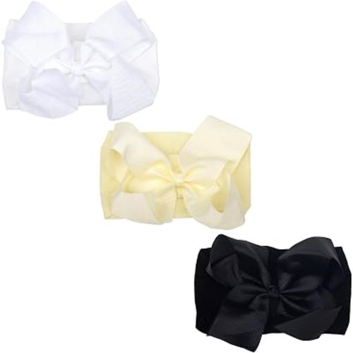 3 Pcs 6 Inch White Beige Black Baby Girl Headbands With Bows Handmade Boutique Grosgrain Ribbon Baby Headbands Soft Nylon Elastic Headband For Newborns Infants Toddlers (White Beige Black)