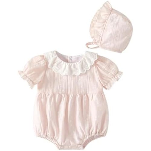 Baby Girl Bubble Romper Ruffle Lace Peter Pan Collar Puff Sleeve Bodysuit with Bonnet Baby Cute Summer Outfits