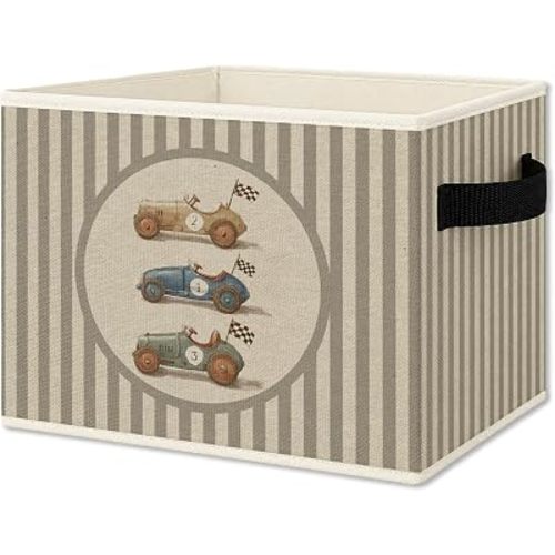 Vintage Race Car Boy Nursery Foldable Storage Bins Box with Handles, Neutral Striped Race Car Collapsible Organizer Basket for Boys Kids Bedroom Bathroom Playroom Clothes Books