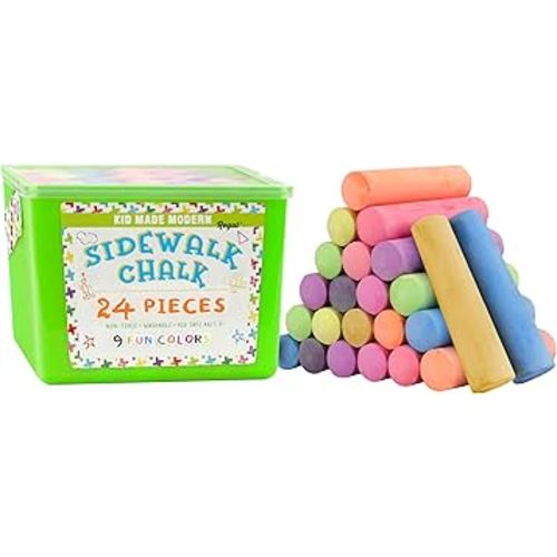 Kid Made Modern Non Toxic Sidewalk Chalk Bucket (24 Count) - Washable Colored Chalk Bulk Set for Kids and Toddlers Outdoor Games