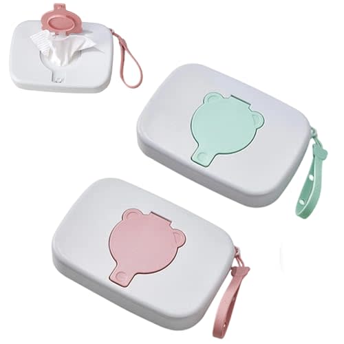 PandaEar 2 Pack Portable Baby Wipes Dispenser | Refillable Wet Wipe Case with Secure Lid and Carrying Strap for Travel, Diaper Bag, Car, and Nursery, Bear, Pink/Green