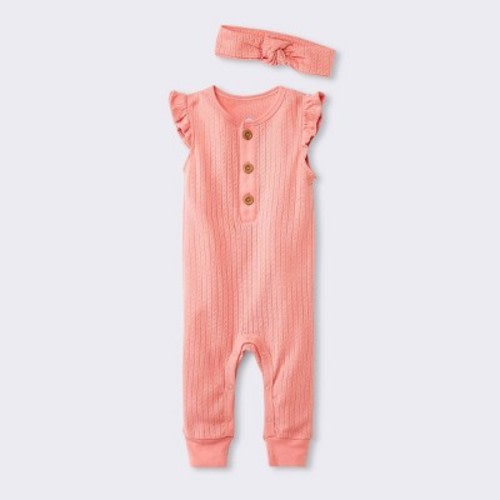 Baby Girls' Pointelle Romper with Headwrap - Cloud Island™ Pink, Size: Newborn