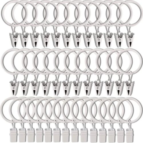 WeeksEight 40 Pack White Curtain Rings with Clips, Curtain Hooks Hangers Clip Rings for Hanging Drapes Bows Hat, Drapery Rings 1.26 in I D, Fits up to 1 in Diameter Curtain Rod.