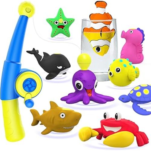 Color Changing No Hole Magnetic Fishing Bath Toys for Kids Toddlers Baby, Color Change Sea Creatures Water Table Toys with Fishing Rod (10 Packs)
