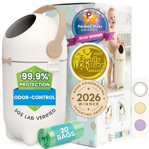 iTouchless Odor-Locking Nursery Pail | 2026 Award-Winning Bin | Boho White | Fits 4-8 Gal Trash & Grocery Bags | 20 Starter Bags Included | 20.5" Height | Jam-Free Drop & Flip Disposal | Registry Gift